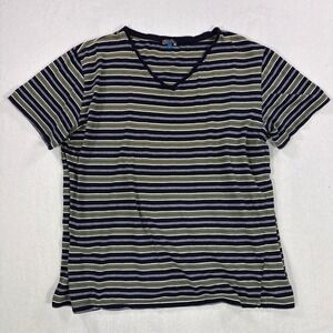 Royal Class Mens Pajama Top Large Blue Green Striped V-Neck 100% Cotton 811699